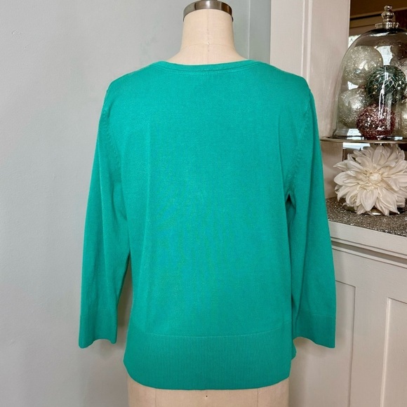 White House Black Market Green Snap Sweater Cardigan Ruffled Lace Trim Large - Picture 7 of 12